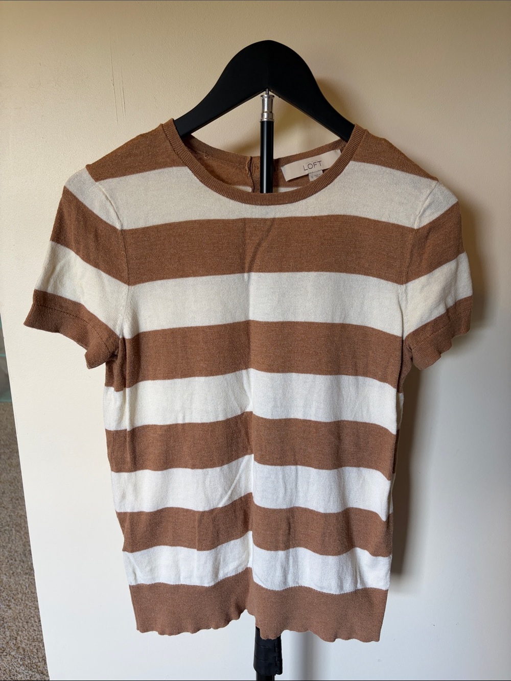 LOFT Brown and White Striped Short Sleeve Knit Tee